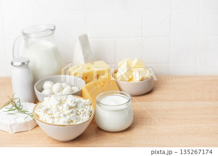 Dairy products assortment including milk, cheese, butter, yogurt Dairy products assortment including milk, cheese, butter, yogurt 135267174