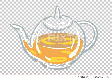 手書き風のガラスのハーブティーセットのイラスト（ティーポット・カップ） 135267200