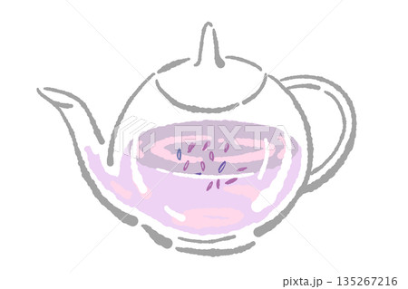 手書き風のガラスのハーブティーセットのイラスト（ラベンダー・ティーポット・カップ） 135267216