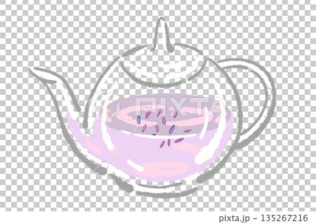 手書き風のガラスのハーブティーセットのイラスト（ラベンダー・ティーポット・カップ） 135267216