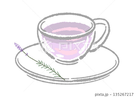 手書き風のガラスのハーブティーセットのイラスト(ラベンダー・ティーポット・カップ) 手書き風のガラスのハーブティーセットのイラスト(ラベンダー・ティーポット・カップ) 135267217