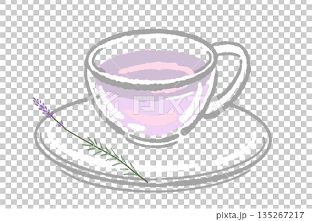 手書き風のガラスのハーブティーセットのイラスト(ラベンダー・ティーポット・カップ) 手書き風のガラスのハーブティーセットのイラスト(ラベンダー・ティーポット・カップ) 135267217