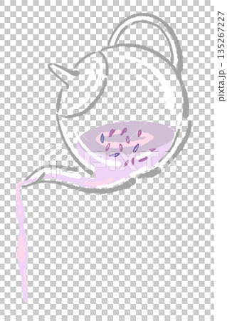 手書き風のガラスのハーブティーセットのイラスト（ラベンダー・ティーポット・カップ） 135267227