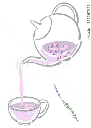 手書き風のガラスのハーブティーセットのイラスト(ラベンダー・ティーポット・カップ) 手書き風のガラスのハーブティーセットのイラスト(ラベンダー・ティーポット・カップ) 135267228