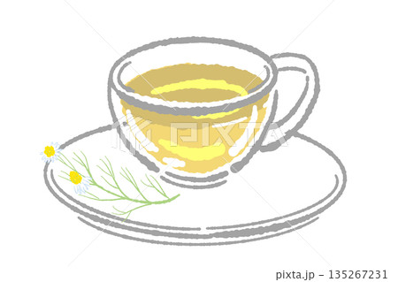 手書き風のガラスのハーブティーセットのイラスト(カモミール・ティーポット・カップ) 手書き風のガラスのハーブティーセットのイラスト(カモミール・ティーポット・カップ) 135267231