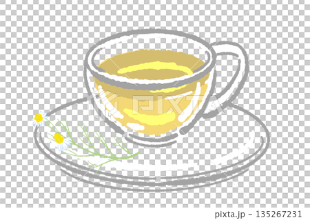 手書き風のガラスのハーブティーセットのイラスト(カモミール・ティーポット・カップ) 手書き風のガラスのハーブティーセットのイラスト(カモミール・ティーポット・カップ) 135267231