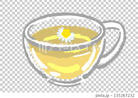 手繪玻璃花草茶具套裝插圖（洋甘菊茶壺和茶杯） 135267232