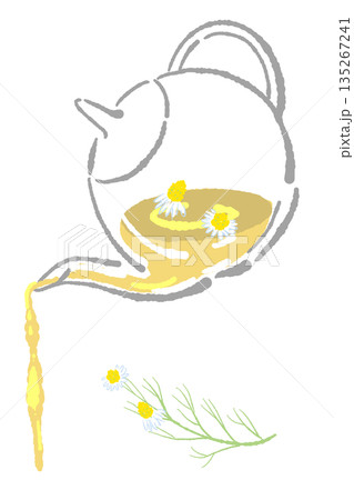 手書き風のガラスのハーブティーセットのイラスト（カモミール・ティーポット・カップ） 135267241