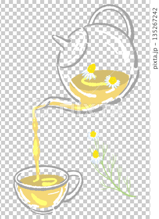 手書き風のガラスのハーブティーセットのイラスト(カモミール・ティーポット・カップ) 手書き風のガラスのハーブティーセットのイラスト(カモミール・ティーポット・カップ) 135267242