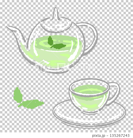 Hand-drawn illustration of a glass herbal tea set (mint teapot and cups) 135267243