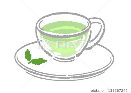 手書き風のガラスのハーブティーセットのイラスト（ミント・ティーポット・カップ） 135267245
