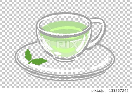 手書き風のガラスのハーブティーセットのイラスト（ミント・ティーポット・カップ） 135267245