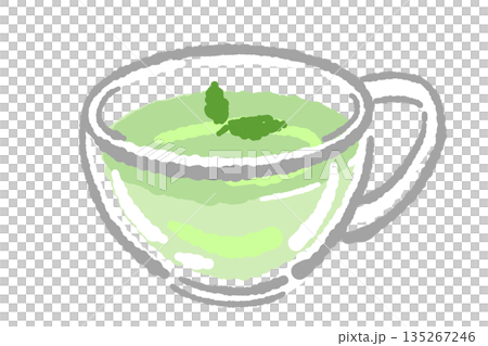 Hand-drawn illustration of a glass herbal tea set (mint teapot and cups) 135267246