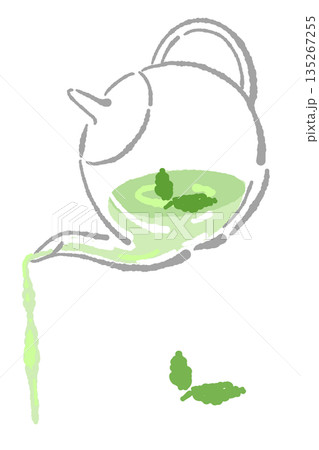 手書き風のガラスのハーブティーセットのイラスト（ミント・ティーポット・カップ） 135267255