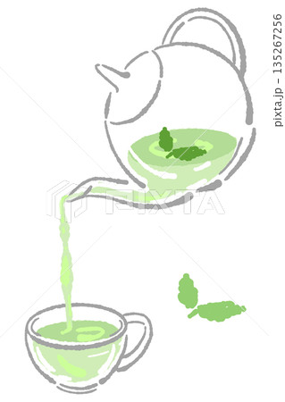 手書き風のガラスのハーブティーセットのイラスト（ミント・ティーポット・カップ） 135267256
