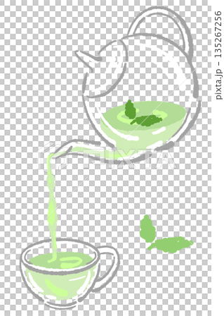 手繪玻璃花草茶具套裝插圖（薄荷茶壺和茶杯） 135267256