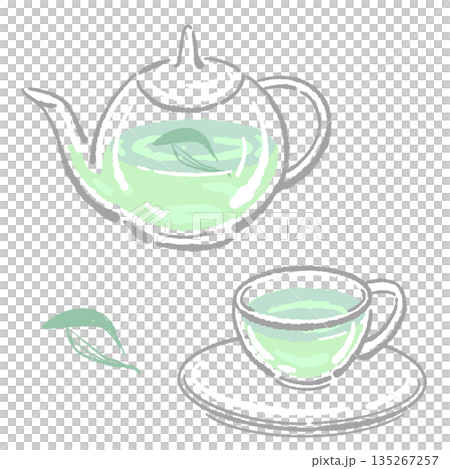 手繪玻璃花草茶具套裝插圖（鼠尾草茶壺和茶杯） 135267257