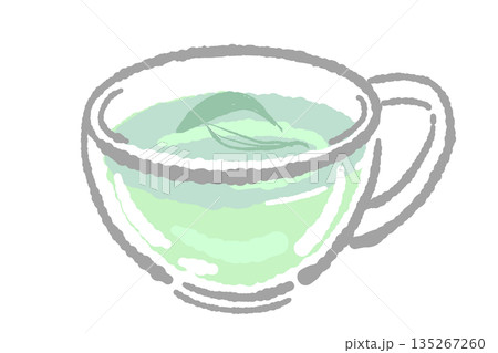手書き風のガラスのハーブティーセットのイラスト（セージ・ティーポット・カップ） 135267260