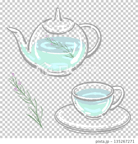 Hand-drawn illustration of a glass herbal tea set (rosemary teapot and cups) 135267271