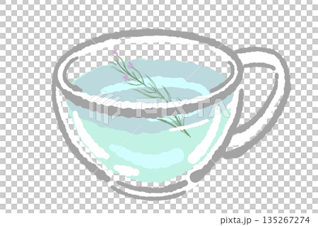 手繪玻璃花草茶具套裝插圖(迷迭香茶壺和茶杯) 手繪玻璃花草茶具套裝插圖(迷迭香茶壺和茶杯) 135267274