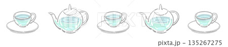 手書き風のガラスのハーブティーセットのイラスト（ローズマリー・ティーポット・カップ） 135267275