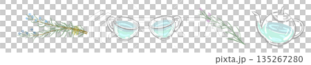 Hand-drawn illustration of a glass herbal tea set (rosemary teapot and cups) Hand-drawn illustration of a glass herbal tea set (rosemary teapot and cups) 135267280