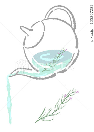 手書き風のガラスのハーブティーセットのイラスト（ローズマリー・ティーポット・カップ） 135267283