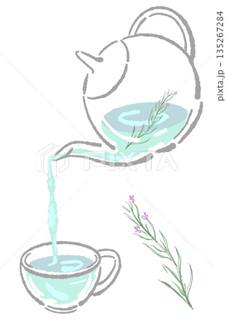 手書き風のガラスのハーブティーセットのイラスト（ローズマリー・ティーポット・カップ） 135267284