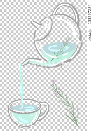 手書き風のガラスのハーブティーセットのイラスト（ローズマリー・ティーポット・カップ） 135267284