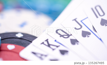 A Royal Flush combination in poker, a winning combination of cards of the same suit, gambling, a high-class card game, premium casino games, an elite level of card playing A Royal Flush combination in poker, a winning combination of cards of the same suit, gambling, a high-class card game, premium casino games, an elite level of card playing 135267495