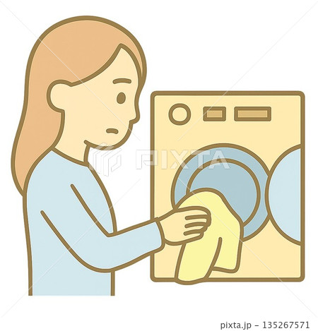 「家事アイコン｜洗濯をする女性｜ミニマル・フラット03」 135267571