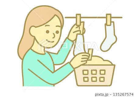 「家事アイコン｜洗濯をする女性｜ミニマル・フラット」06 135267574