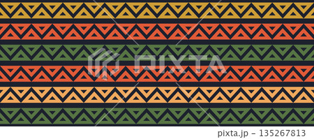 Mexican pattern line border. African ethnic motif border. Aztec triangular ornament line stripe. Mexican or African ethnic culture ornament. Vector illustration isolated on white background Mexican pattern line border. African ethnic motif border. Aztec triangular ornament line stripe. Mexican or African ethnic culture ornament. Vector illustration isolated on white background 135267813