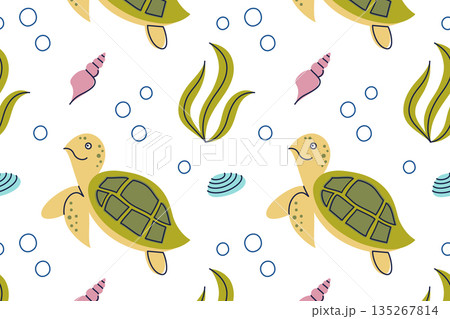 Seamless ocean pattern in cute childlike style, vector flat cartoon illustration. Underwater turtles, seaweed, shells and bubbles for kids nursery decor, textiles, wallpapers and summer backgrounds Seamless ocean pattern in cute childlike style, vector flat cartoon illustration. Underwater turtles, seaweed, shells and bubbles for kids nursery decor, textiles, wallpapers and summer backgrounds 135267814
