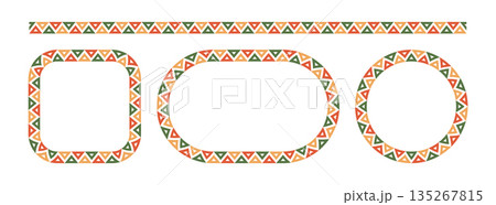 Mexican triangular pattern circle and rectangle frames set. African ethnic motif border. Aztec ornament frame. Mexican ornament. text frame. Vector illustration isolated on white background Mexican triangular pattern circle and rectangle frames set. African ethnic motif border. Aztec ornament frame. Mexican ornament. text frame. Vector illustration isolated on white background 135267815