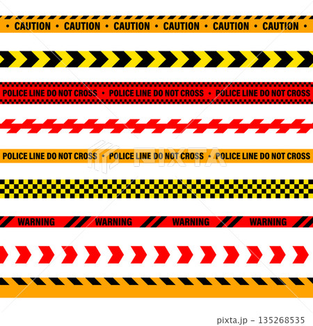 Barricade construction tape. Colorful police warning line, brightly colored danger or hazard stripe, ribbon. Restricted area, zone. Attention symbol. Vector illustration Barricade construction tape. Colorful police warning line, brightly colored danger or hazard stripe, ribbon. Restricted area, zone. Attention symbol. Vector illustration 135268535