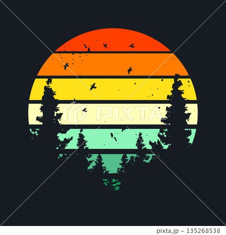 Grunge vintage sunset. Colorful striped sunrise badge in 80s and 90s style. Sun and ocean view, summer vibes, surfing. Design element for print, logo or t-shirt. Vector illustration Grunge vintage sunset. Colorful striped sunrise badge in 80s and 90s style. Sun and ocean view, summer vibes, surfing. Design element for print, logo or t-shirt. Vector illustration 135268538