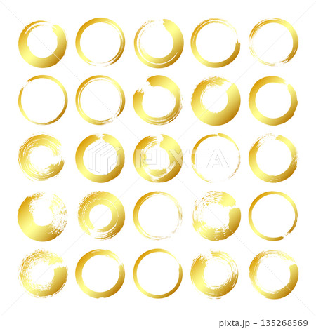 Golden grunge circles, brush strokes, lines, ink smudges, hand-drawn scribble shapes. Handmade sketchy marks, acrylic stains, charcoal streaks. Paint textures, dry brush effect. Vector illustration 135268569