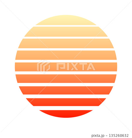 Vintage colorful sunset. Striped gradient sunrise badge in 80s and 90s style. Sun and ocean view, summer vibes, surfing. Design element for print, logo or t-shirt. Vector illustration Vintage colorful sunset. Striped gradient sunrise badge in 80s and 90s style. Sun and ocean view, summer vibes, surfing. Design element for print, logo or t-shirt. Vector illustration 135268632
