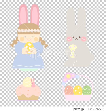 可愛的兔子復活節插畫套裝，適合兒童 135269279