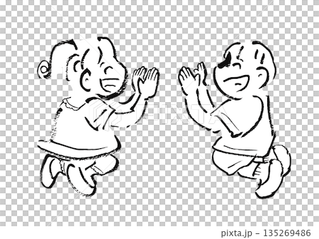 孩子們（男孩和女孩）快樂地跳躍。線條畫/單色 135269486