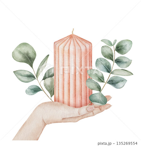 Watercolor illustration of a large ribbed candle decorated with eucalyptus branches held in a female hand, isolated on white background. Cozy and elegant element for holiday and winter compositions 135269554