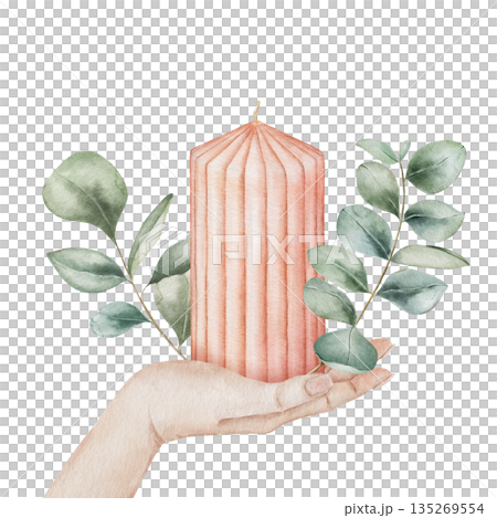 Watercolor illustration of a large ribbed candle decorated with eucalyptus branches held in a female hand, isolated on white background. Cozy and elegant element for holiday and winter compositions Watercolor illustration of a large ribbed candle decorated with eucalyptus branches held in a female hand, isolated on white background. Cozy and elegant element for holiday and winter compositions 135269554