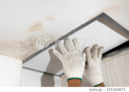 Worker fix leaking pipe in ceiling ,close-up of a stain on the ceiling. 135269671