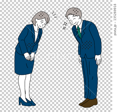 商業插畫:一男一女側鞠躬,面帶微笑 商業插畫:一男一女側鞠躬,面帶微笑 135269918
