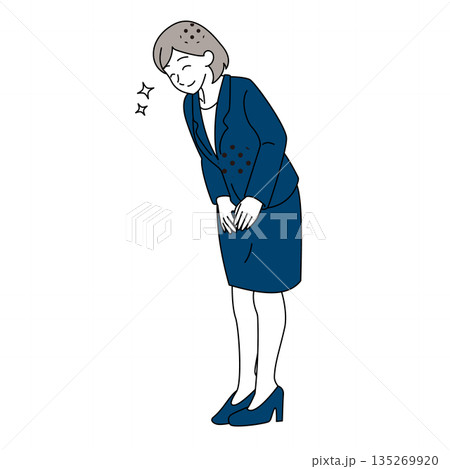 笑顔で横向きにお辞儀をする女性社員のイラスト 笑顔で横向きにお辞儀をする女性社員のイラスト 135269920