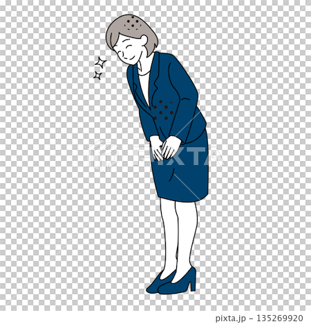 笑顔で横向きにお辞儀をする女性社員のイラスト 笑顔で横向きにお辞儀をする女性社員のイラスト 135269920