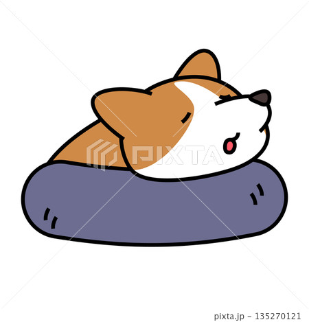 クッションの上で横になってくつろぐコーギーのかわいいイラスト 135270121