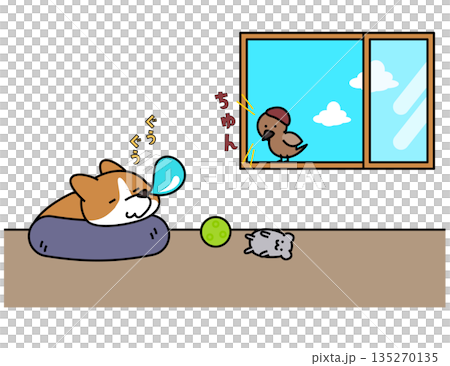 室内でおもちゃに囲まれてお昼寝するコーギーと窓辺の雀のイラスト 135270135