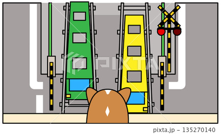 上から見た踏切で電車を待つコーギーのイラスト 135270140